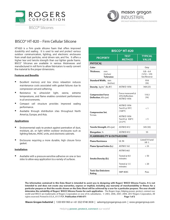 BISCO® HT-820 – Firm Cellular Silicone Data Sheet