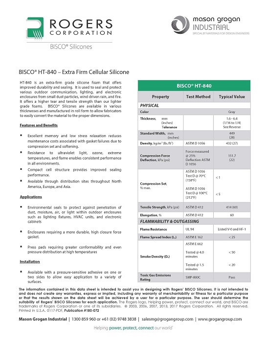 BISCO® HT-840 – Extra Firm Cellular Silicone Data Sheet