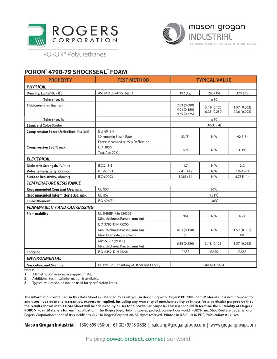 PORON® 4790-79 ShockSeal® Foams Global Standards Data Sheet