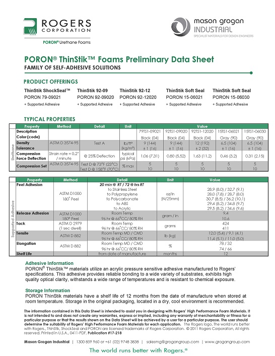 PORON® ThinStik™ Materials Data Sheet