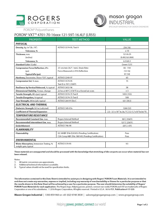 PORON® VXT™ 4701-70-16 (LR55) Data Sheet