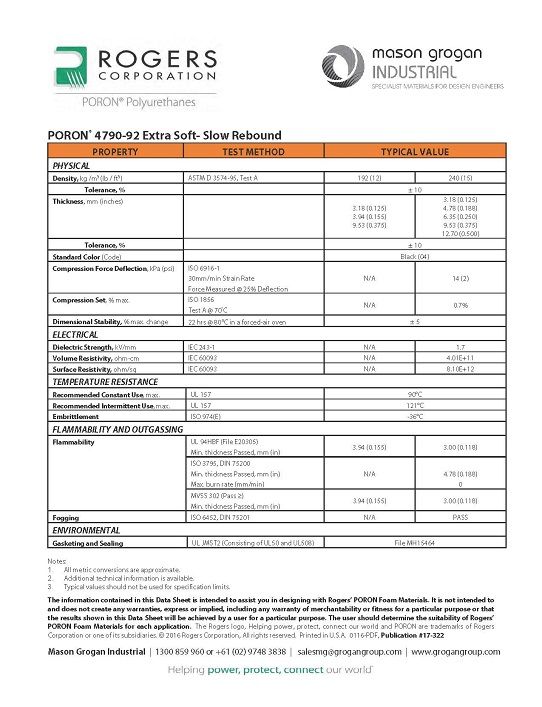 PORON® 4790-92 Extra Soft- Slow Rebound Data Sheet