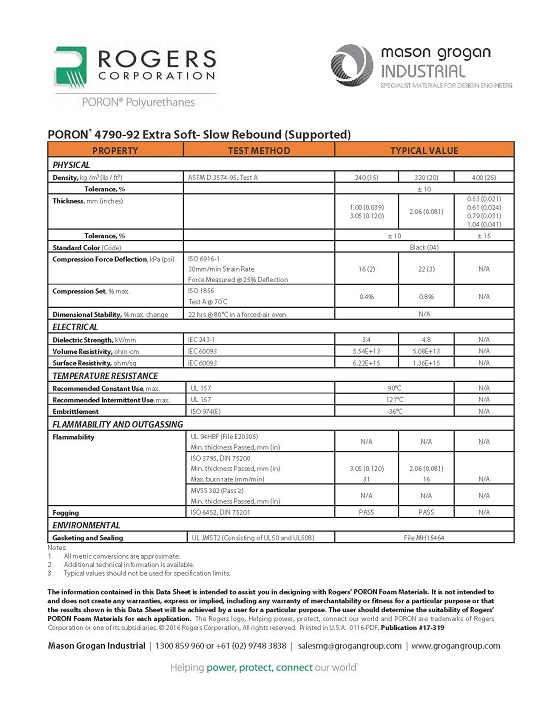 PORON® 4790-92 Extra Soft- Slow Rebound (Supported) Data Sheet