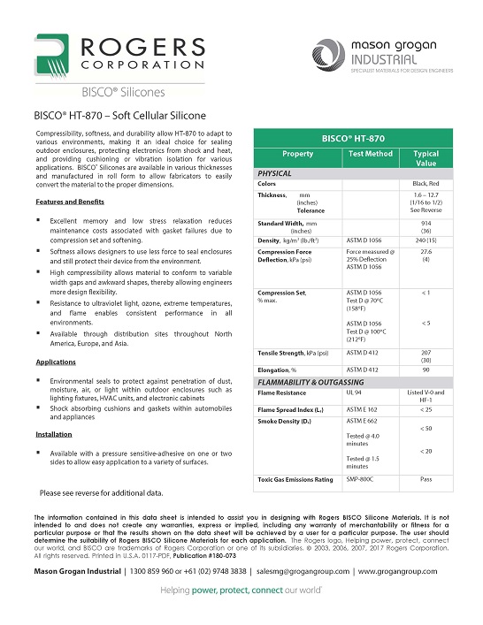 BISCO® HT-870 – Soft Cellular Silicone Data Sheet