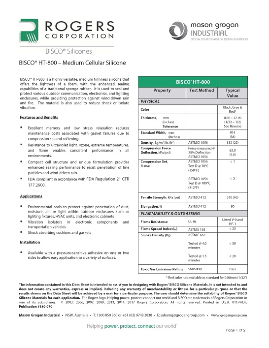 BISCO® HT-800 – Medium Cellular Silicone Data Sheet