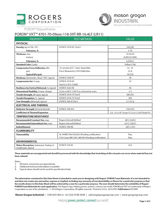 PORON® VXT™ 4701-70-09 (LR11) Data Sheet