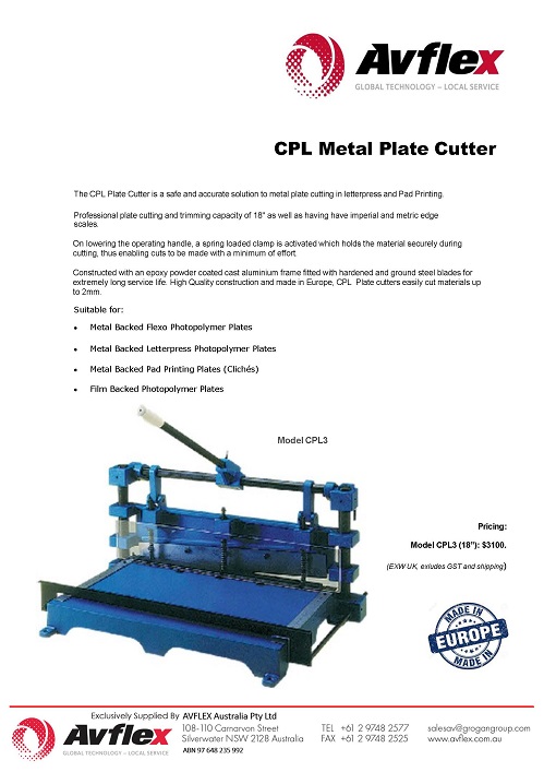 CPL3 Metal Plate Cutter technical data sheet