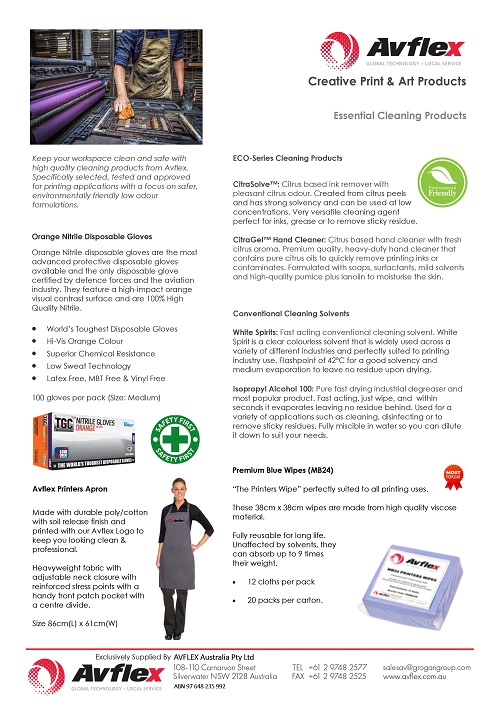 Avflex Creative and Art Cleaning Products 2022 technical data sheet