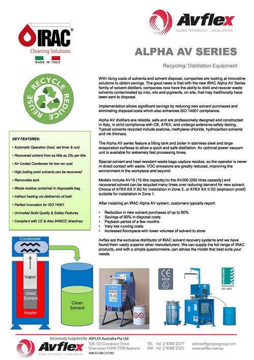 IRAC Cleaning Solutions - Alpha AV Series Recycling Distillation Equipment technical data sheet